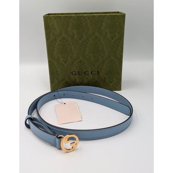 Gucci Women’s Blondie Ciny Interlocking Buckle Leather Belt Cloudy Blue 105cm 72 - Picture 8 of 9